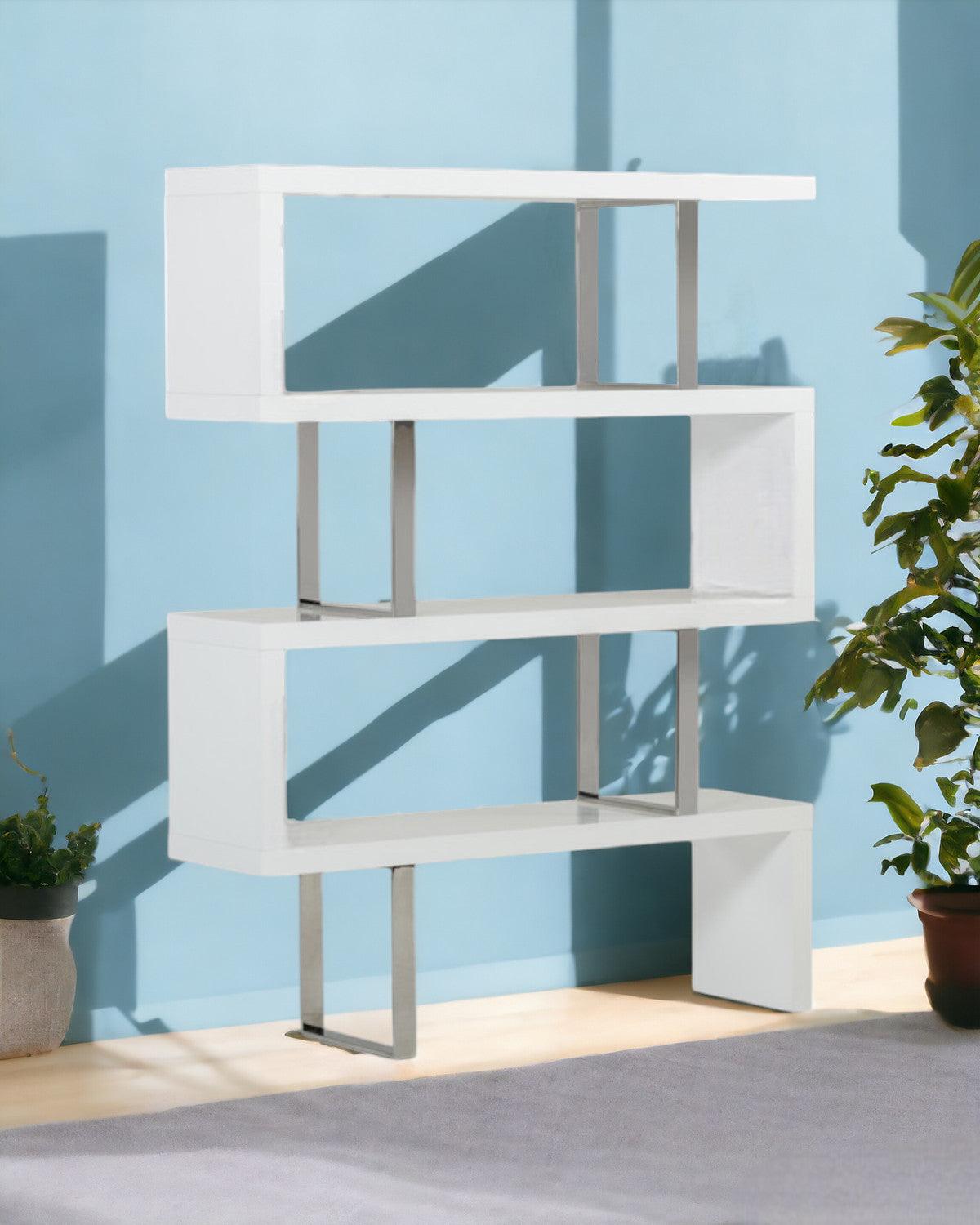 67" White Stainless Steel Four Tier Geometric Bookcase - FurniFindUSA