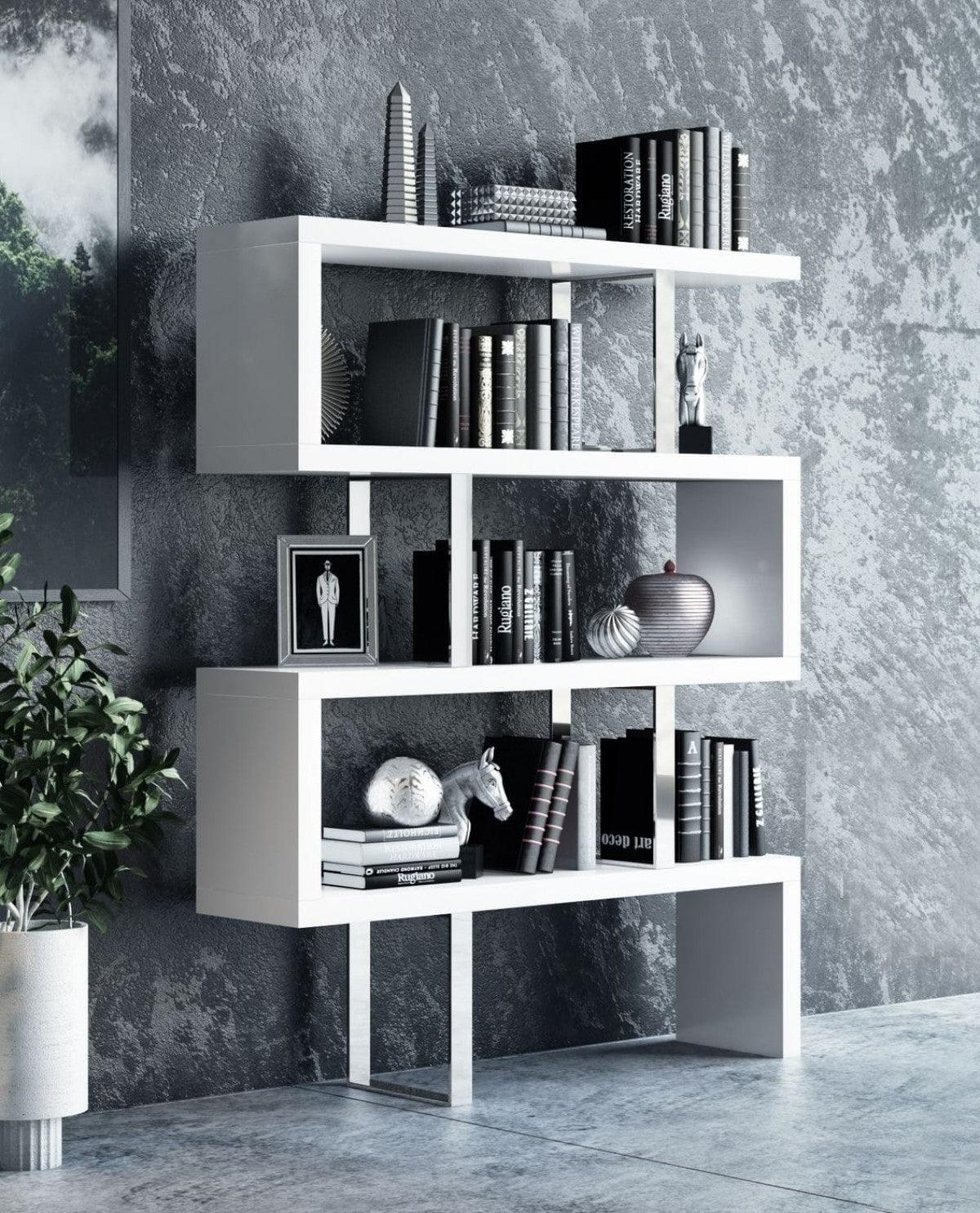 67" White Stainless Steel Four Tier Geometric Bookcase - FurniFindUSA
