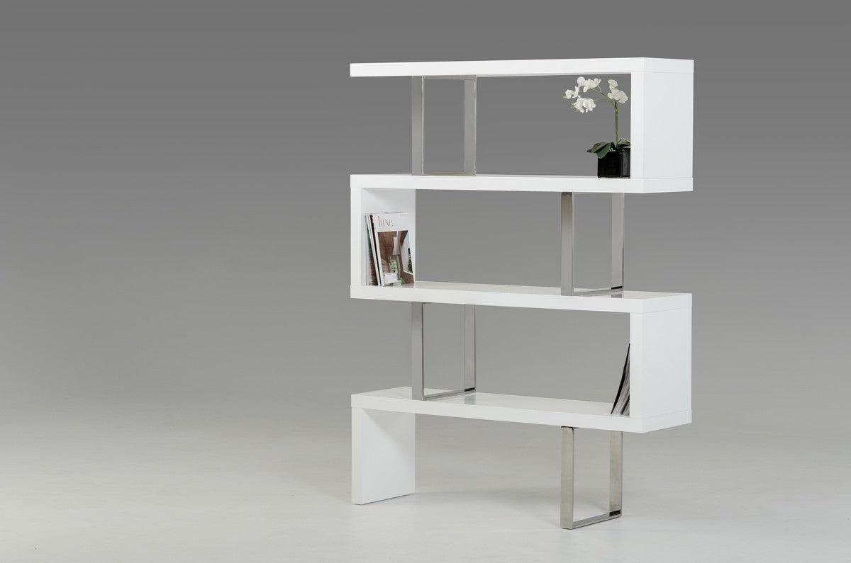 67" White Stainless Steel Four Tier Geometric Bookcase - FurniFindUSA