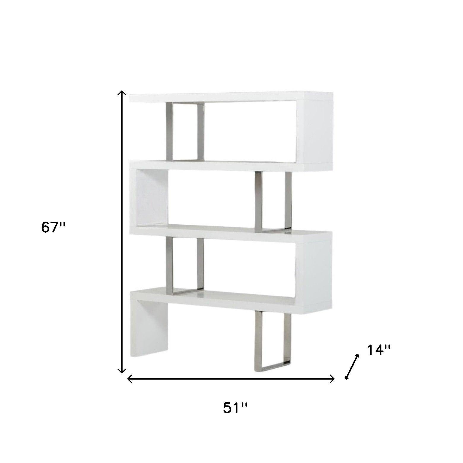 67" White Stainless Steel Four Tier Geometric Bookcase - FurniFindUSA