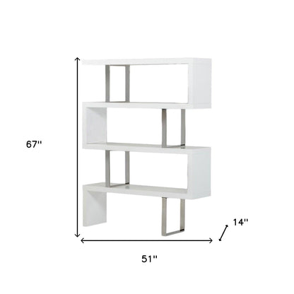 67" White Stainless Steel Four Tier Geometric Bookcase - FurniFindUSA