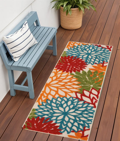 6' Runner Ivory Blue and Orange Floral Indoor Outdoor Area Rug HomeRoots