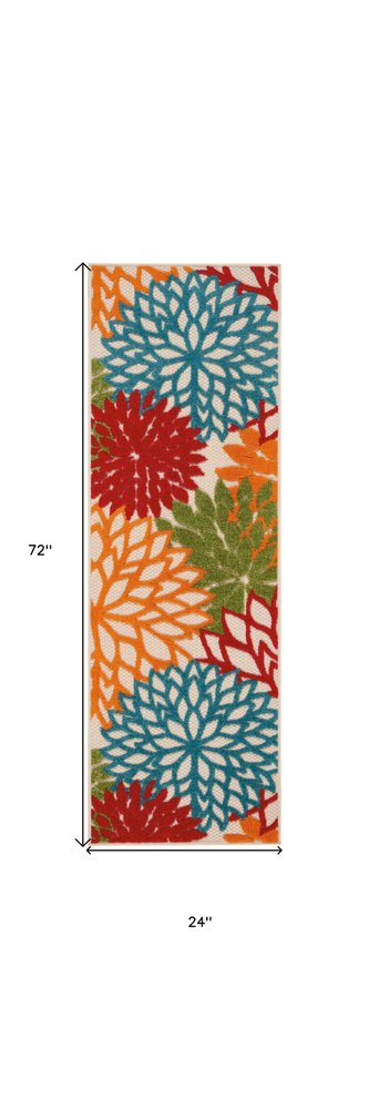6' Runner Ivory Blue and Orange Floral Indoor Outdoor Area Rug HomeRoots