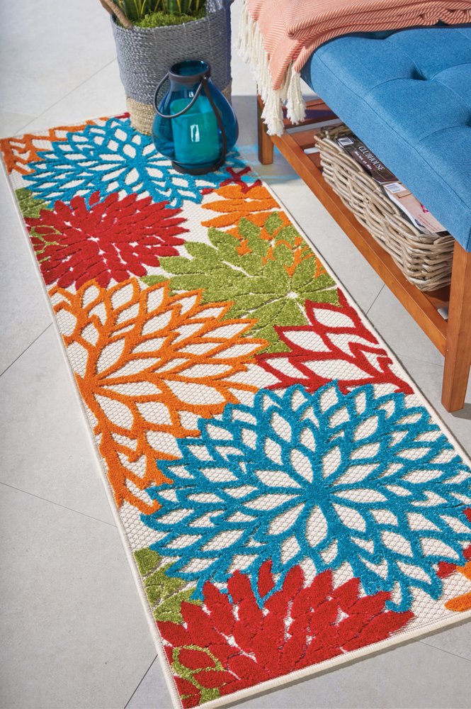 6' Runner Ivory Blue and Orange Floral Indoor Outdoor Area Rug HomeRoots