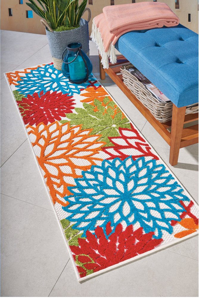 6' Runner Ivory Blue and Orange Floral Indoor Outdoor Area Rug HomeRoots
