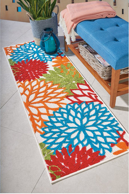 6' Runner Ivory Blue and Orange Floral Indoor Outdoor Area Rug HomeRoots