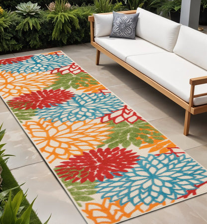 6' Runner Ivory Blue and Orange Floral Indoor Outdoor Area Rug HomeRoots