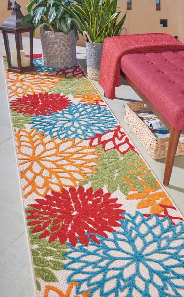 6' Runner Ivory Blue and Orange Floral Indoor Outdoor Area Rug — view 29
