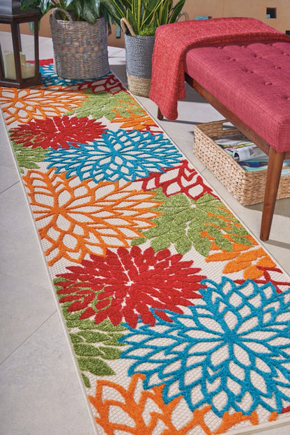 6' Runner Ivory Blue and Orange Floral Indoor Outdoor Area Rug HomeRoots