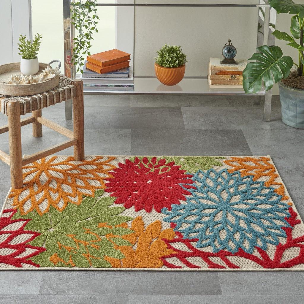 4' Round Green And Ivory Round Floral Indoor Outdoor Area Rug - FurniFindUSA