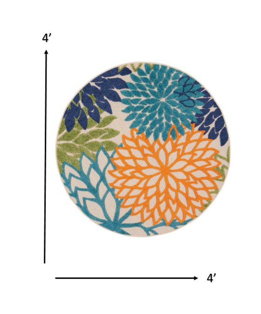 4' Ivory And Blue Round Indoor Outdoor Area Rug — view 1