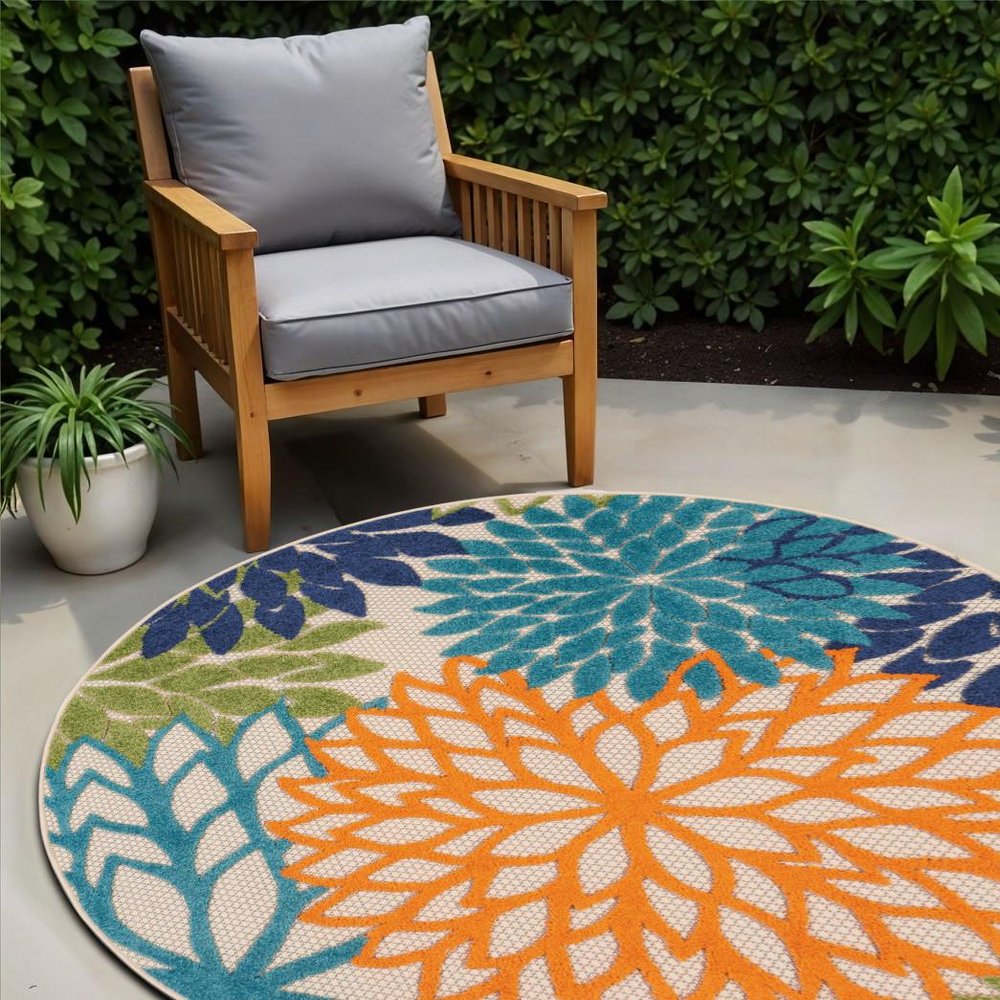 5' Ivory And Blue Round Indoor Outdoor Area Rug HomeRoots