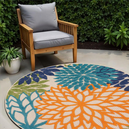 5' Ivory And Blue Round Indoor Outdoor Area Rug HomeRoots