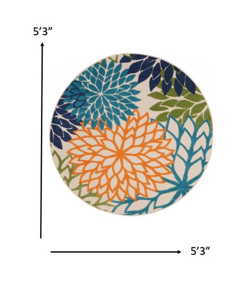 5' Ivory And Blue Round Indoor Outdoor Area Rug — view 1