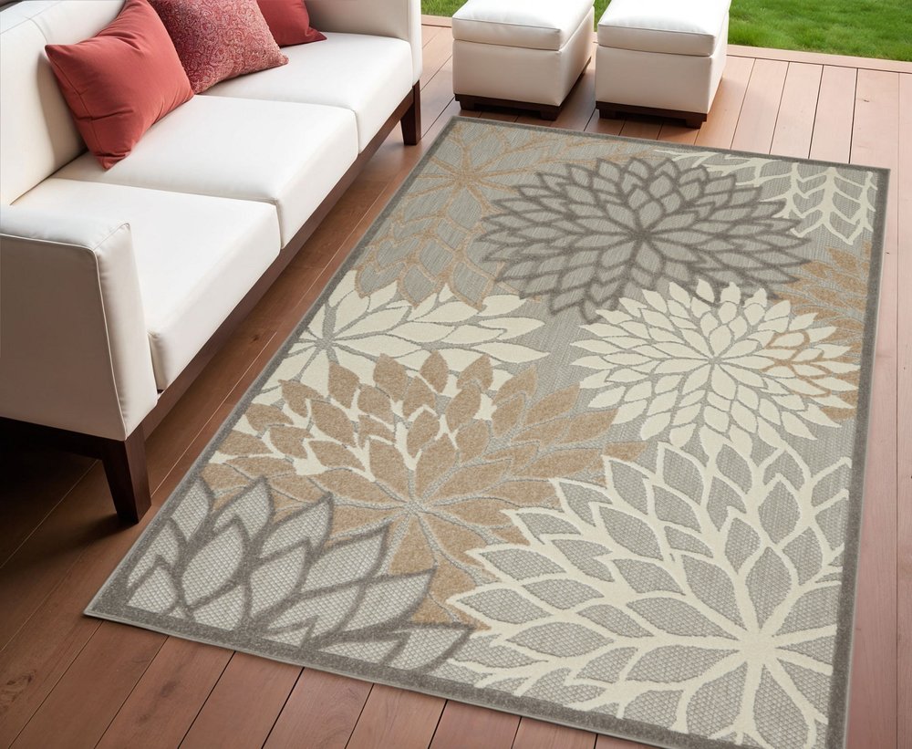 6' Gray And Ivory Floral Indoor Outdoor Area Rug HomeRoots