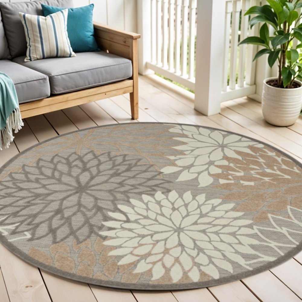 6' Gray And Ivory Floral Indoor Outdoor Area Rug HomeRoots