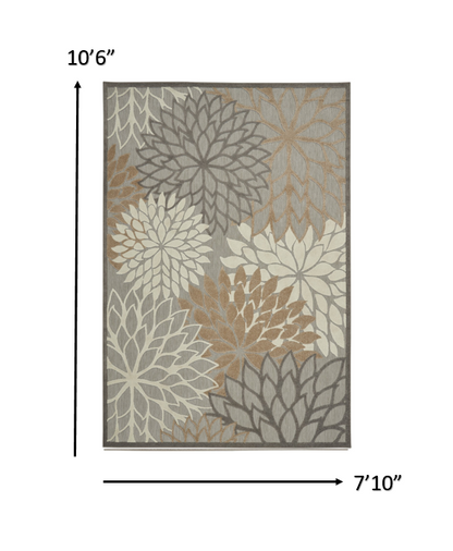 8' X 11' Gray And Ivory Floral Indoor Outdoor Area Rug - 1" (L) x 126" (W) x 94" (H)