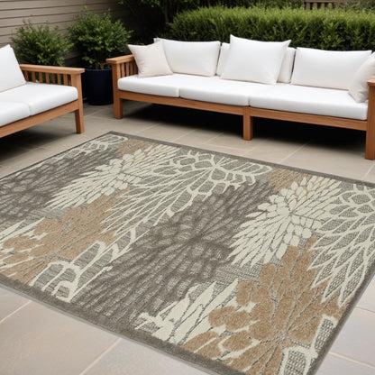 8' X 11' Gray And Ivory Floral Indoor Outdoor Area Rug - 1" (L) x 126" (W) x 94" (H)