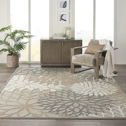 8' X 11' Gray And Ivory Floral Indoor Outdoor Area Rug - 1" (L) x 126" (W) x 94" (H)