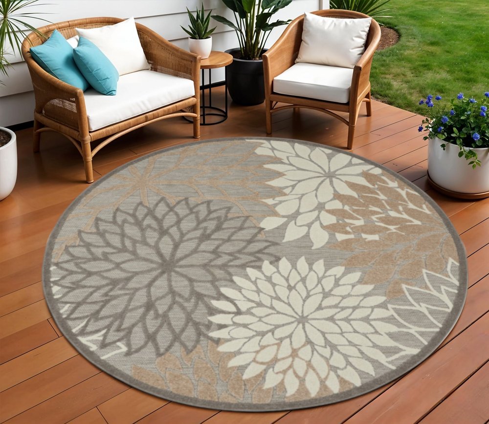 6' Gray And Ivory Floral Indoor Outdoor Area Rug HomeRoots