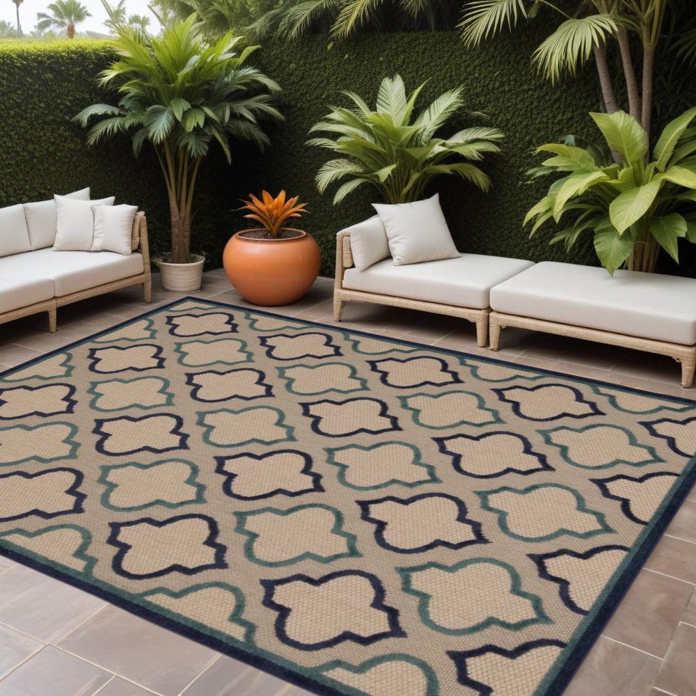 5' X 8' Blue And Ivory Indoor Outdoor Area Rug HomeRoots