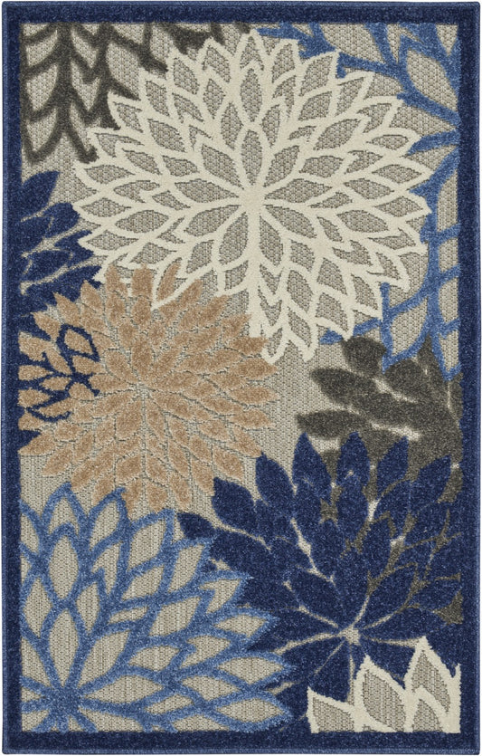 3' X 4' Blue And Gray Floral Indoor Outdoor Area Rug