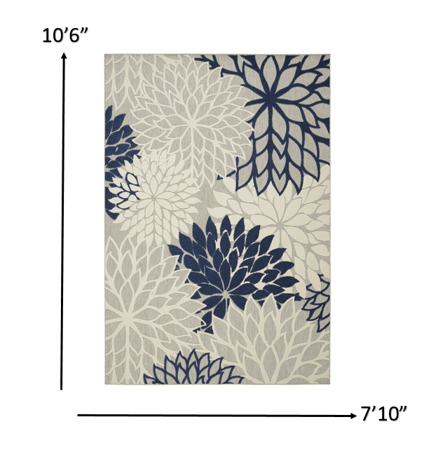 8' X 11' Ivory And Blue Floral Indoor Outdoor Area Rug - 1" (L) x 126" (W) x 94" (H)