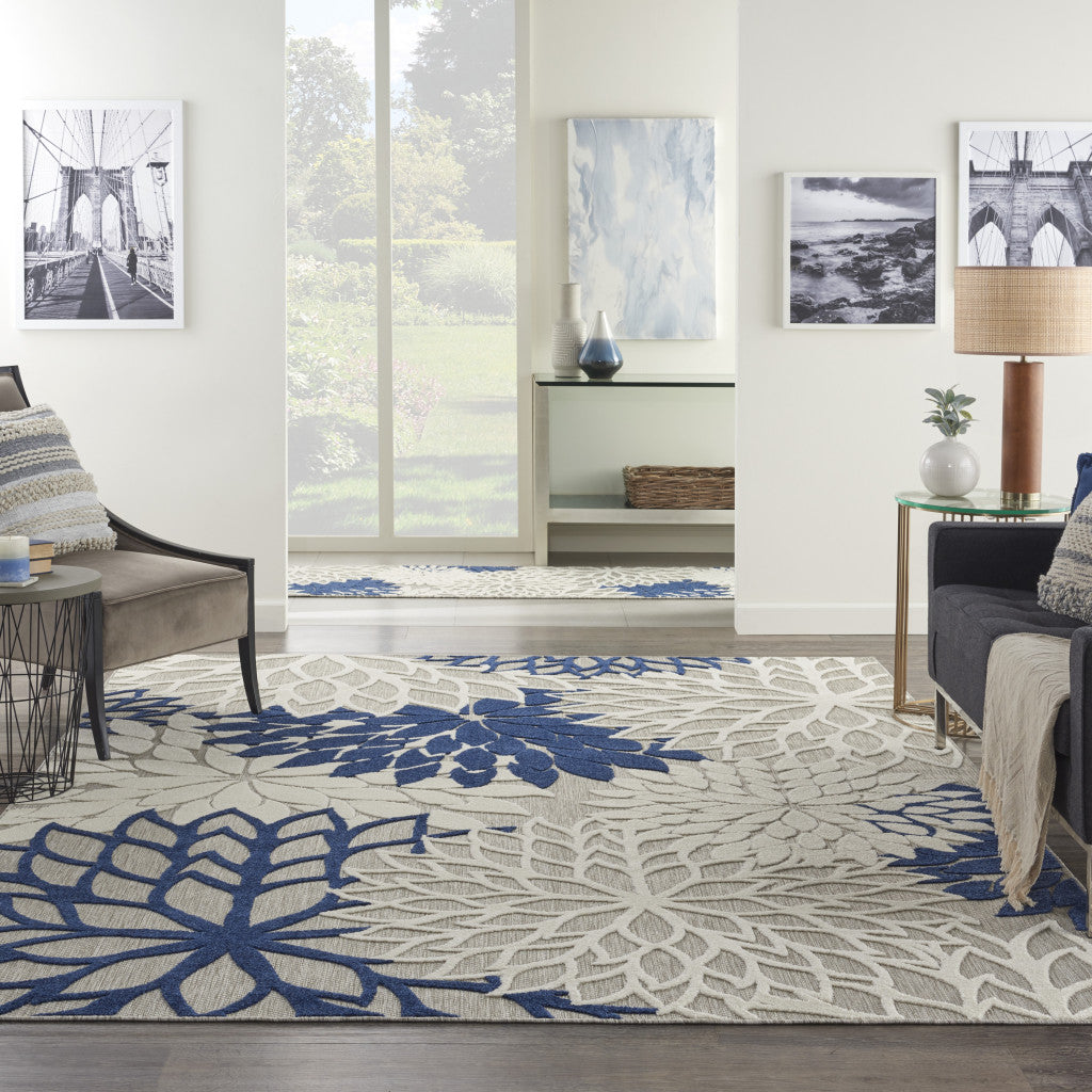 8' X 11' Ivory And Blue Floral Indoor Outdoor Area Rug - 1" (L) x 126" (W) x 94" (H)