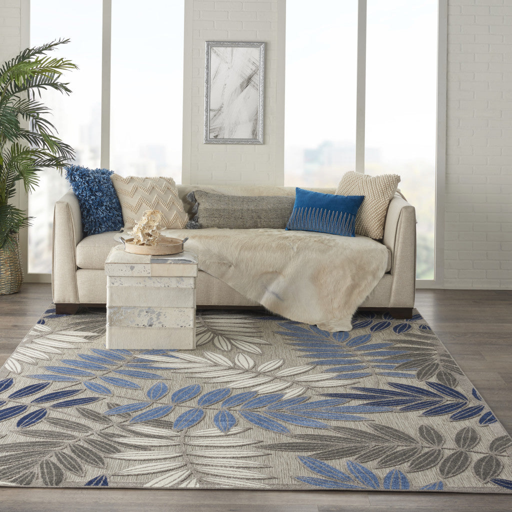 8‚Äô X 11‚Äô Gray And Blue Leaves Indoor Outdoor Area Rug