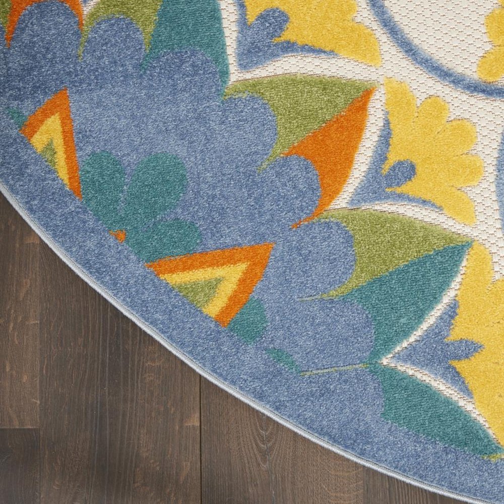 5' X 5' Ivory And Blue Round Floral Indoor Outdoor Area Rug — view 10