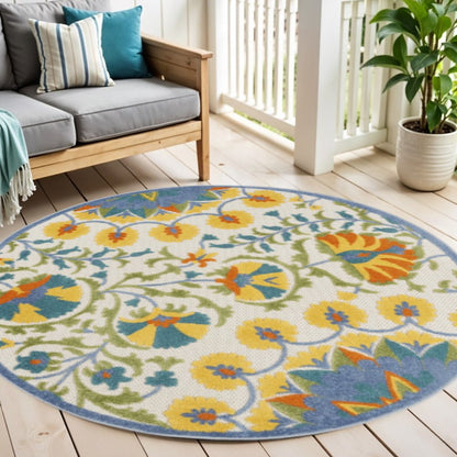 5' X 5' Ivory And Blue Round Floral Indoor Outdoor Area Rug HomeRoots