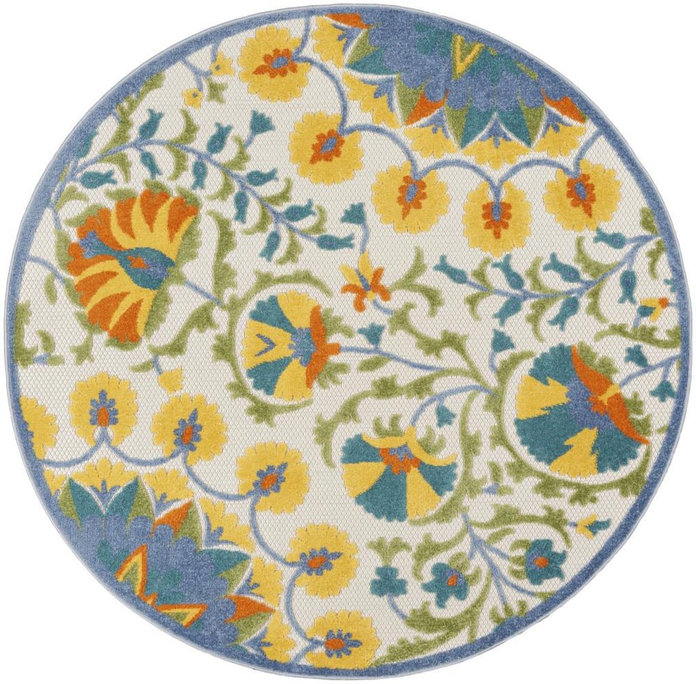 5' X 5' Ivory And Blue Round Floral Indoor Outdoor Area Rug HomeRoots