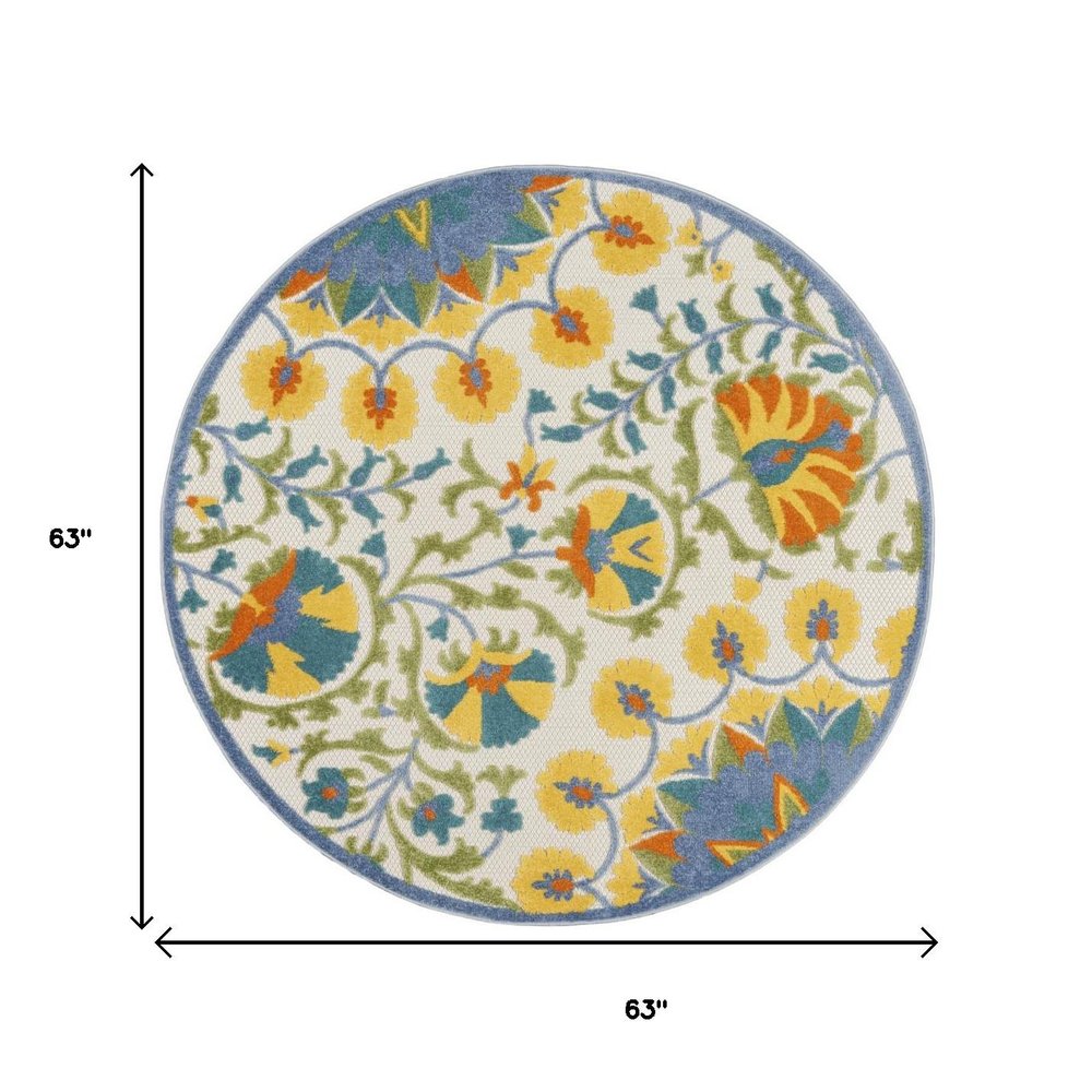 5' X 5' Ivory And Blue Round Floral Indoor Outdoor Area Rug — view 4