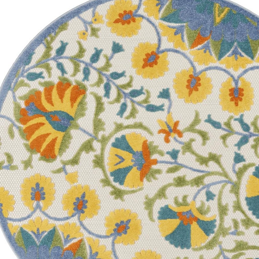 5' X 5' Ivory And Blue Round Floral Indoor Outdoor Area Rug — view 12