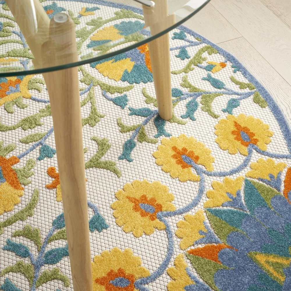 5' X 5' Ivory And Blue Round Floral Indoor Outdoor Area Rug HomeRoots