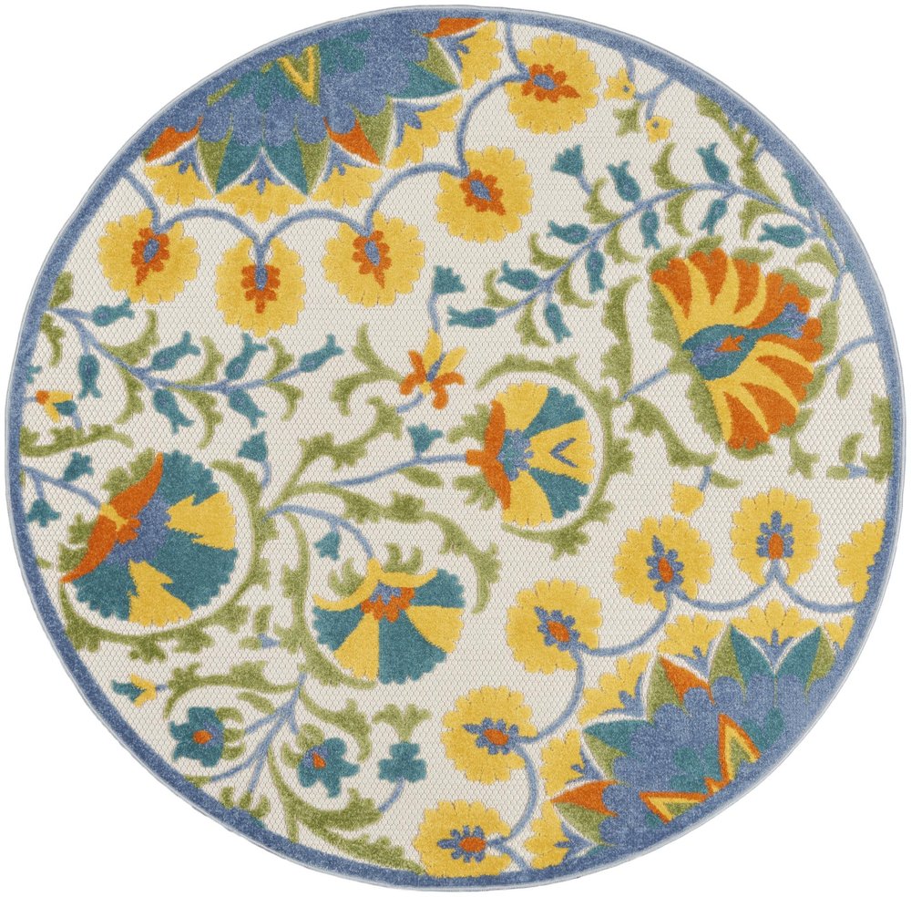 5' X 5' Ivory And Blue Round Floral Indoor Outdoor Area Rug HomeRoots