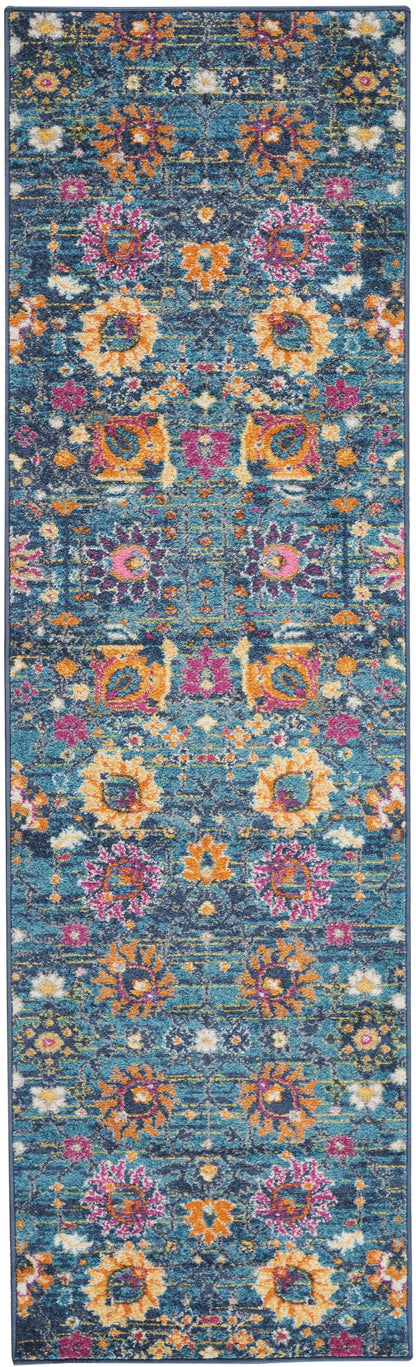 6' Blue And Orange Floral Power Loom Runner Rug