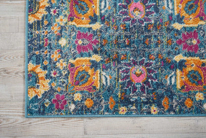 6' Blue And Orange Floral Power Loom Runner Rug