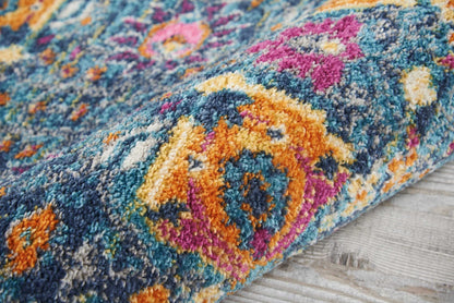 6' Blue And Orange Floral Power Loom Runner Rug