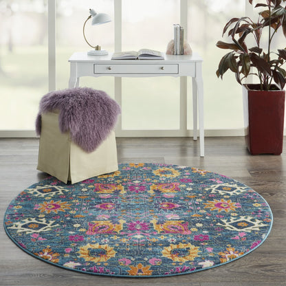 6' Blue And Orange Floral Power Loom Runner Rug