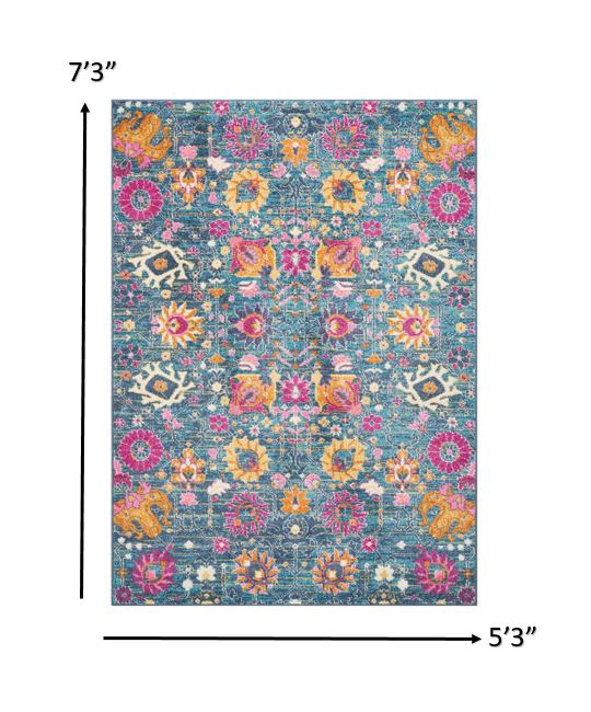 6' Blue And Orange Floral Power Loom Runner Rug