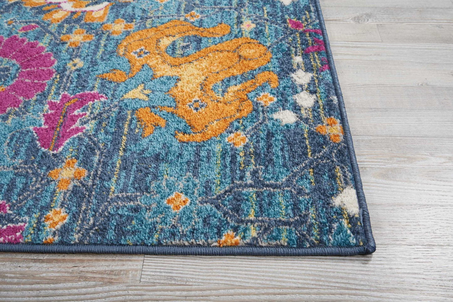 6' Blue And Orange Floral Power Loom Runner Rug