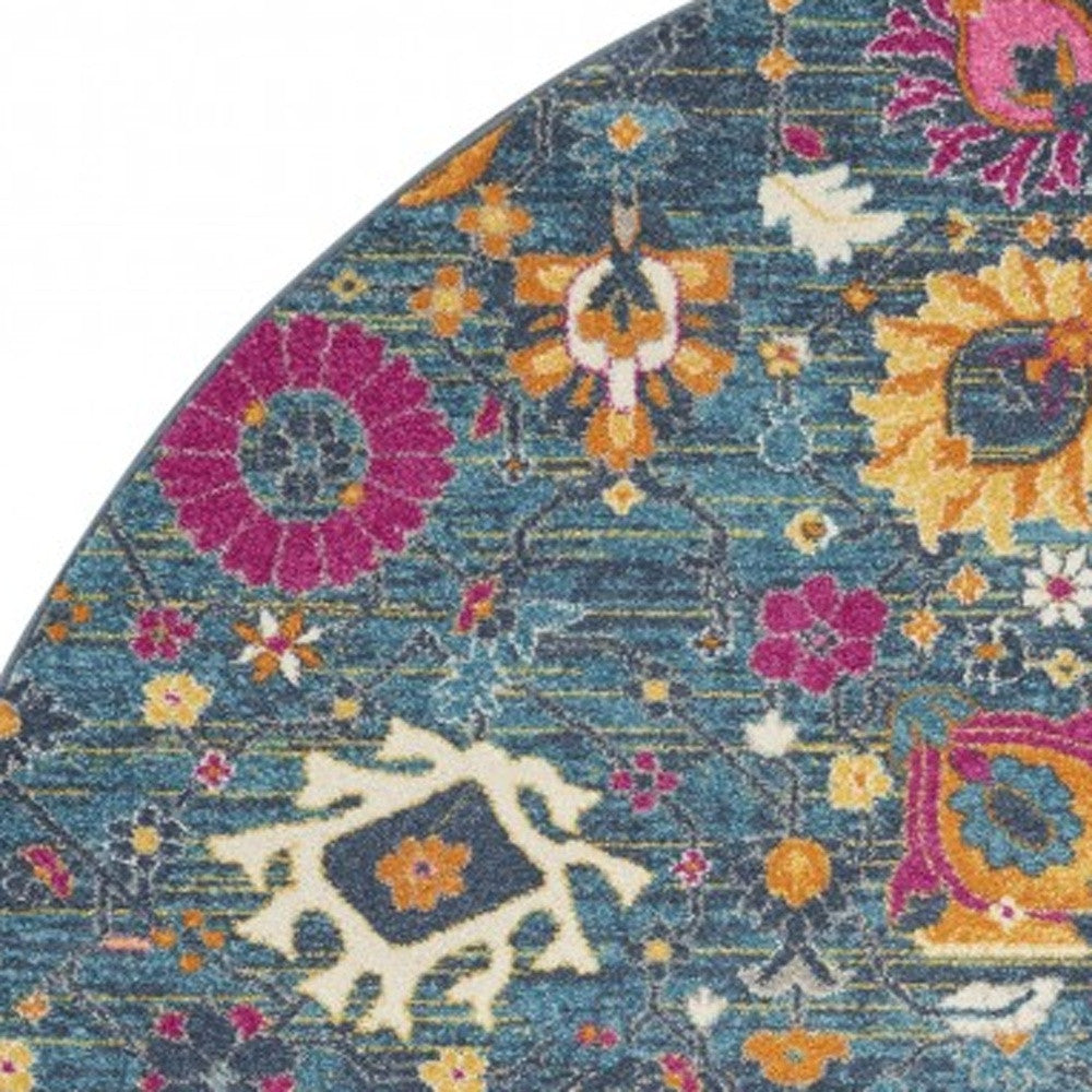 6' Blue And Orange Floral Power Loom Runner Rug