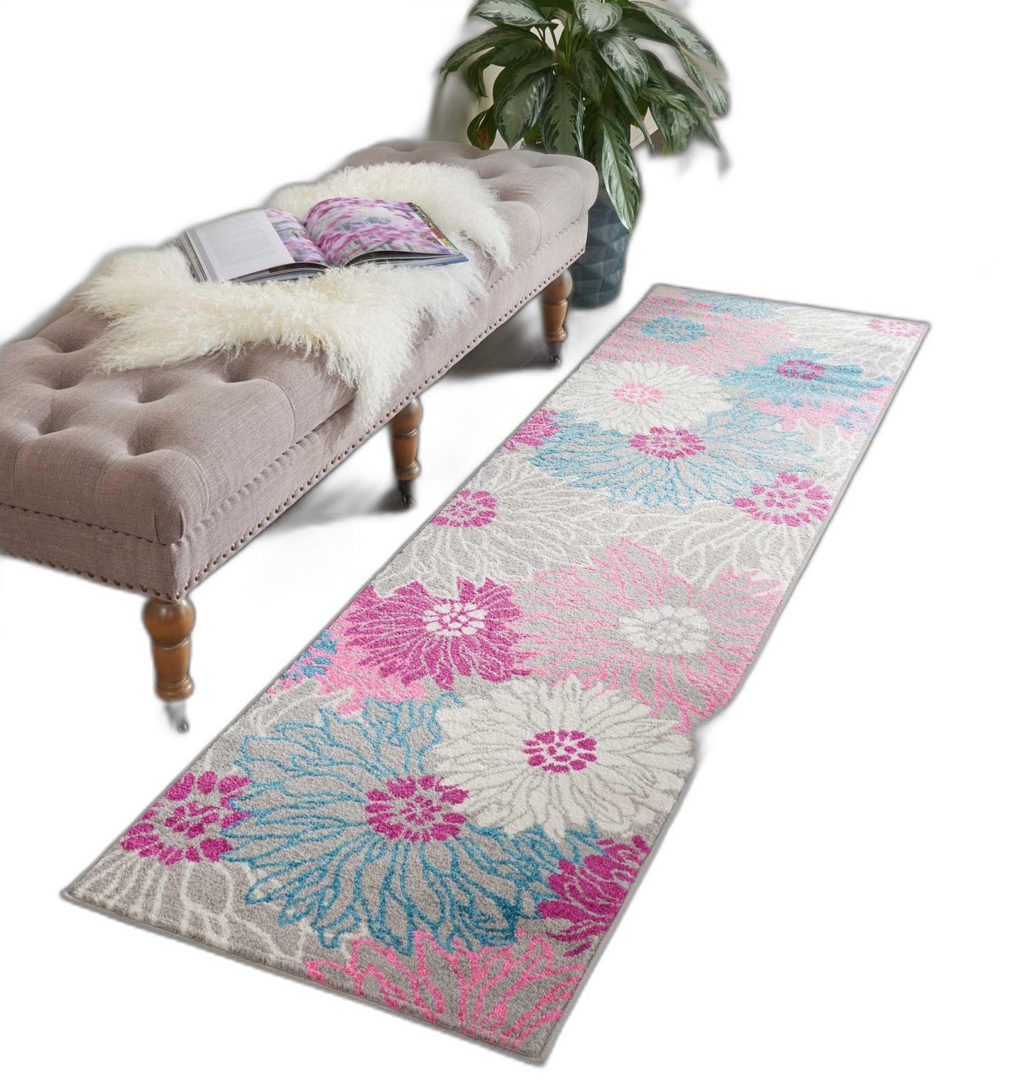 8' Gray Floral Dhurrie Runner Rug - 26.0" (H) x 90.0" (W) x 1.0" (D)