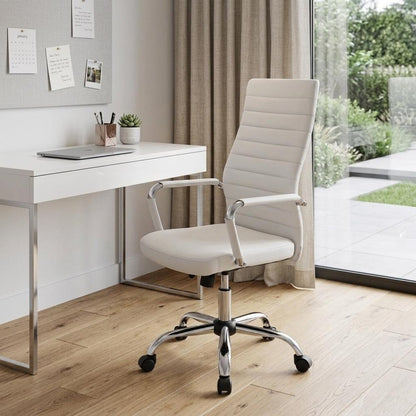 White and Silver Adjustable Swivel Faux Leather Rolling Conference Office Chair HomeRoots