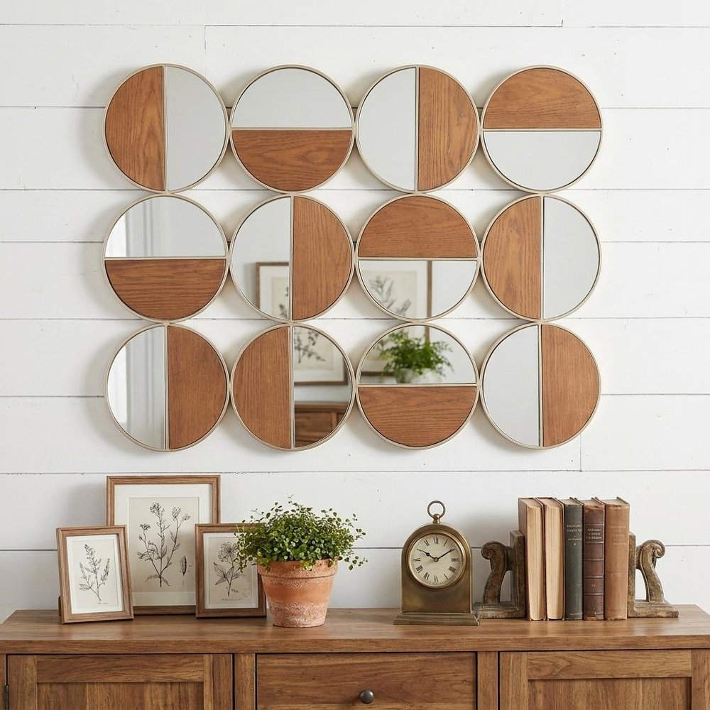 36" Gold And Walnut Steel Round Framed Accent Mirror HomeRoots