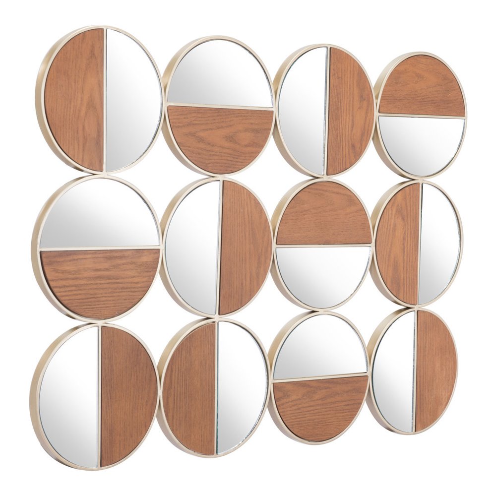 36" Gold And Walnut Steel Round Framed Accent Mirror HomeRoots