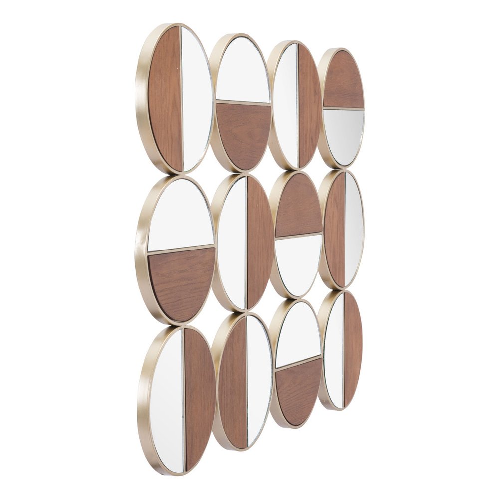 36" Gold And Walnut Steel Round Framed Accent Mirror HomeRoots