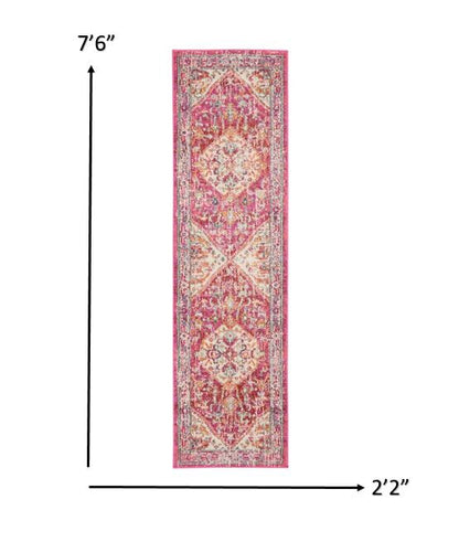 8' Pink And Ivory Power Loom Runner Rug