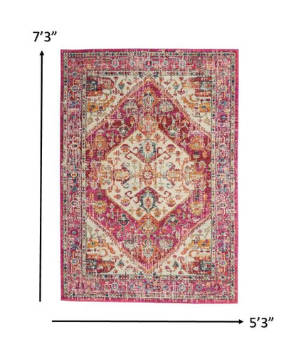 8' Pink And Ivory Power Loom Runner Rug